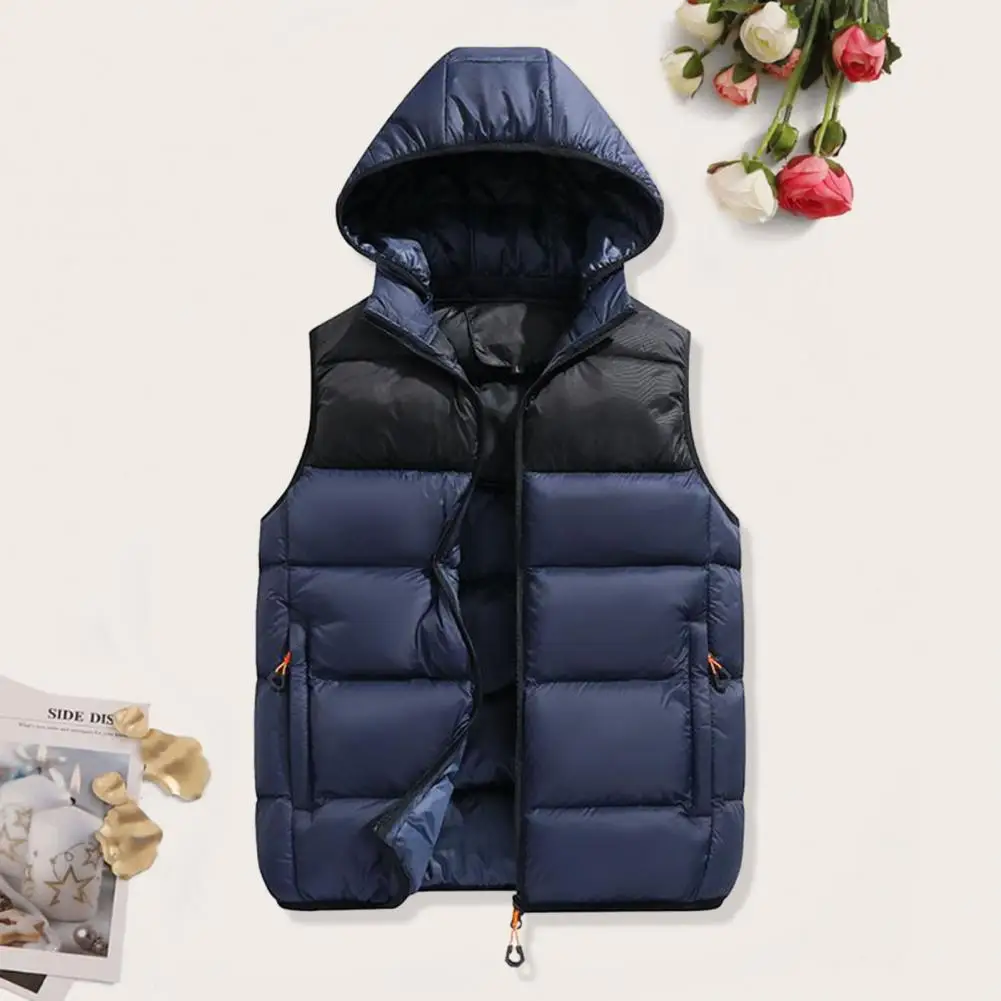 Removable Hood Waistcoat Windproof Men's Winter Cotton Vest with Hood Pockets Zipper Closure Thick Warm Stylish for Cold