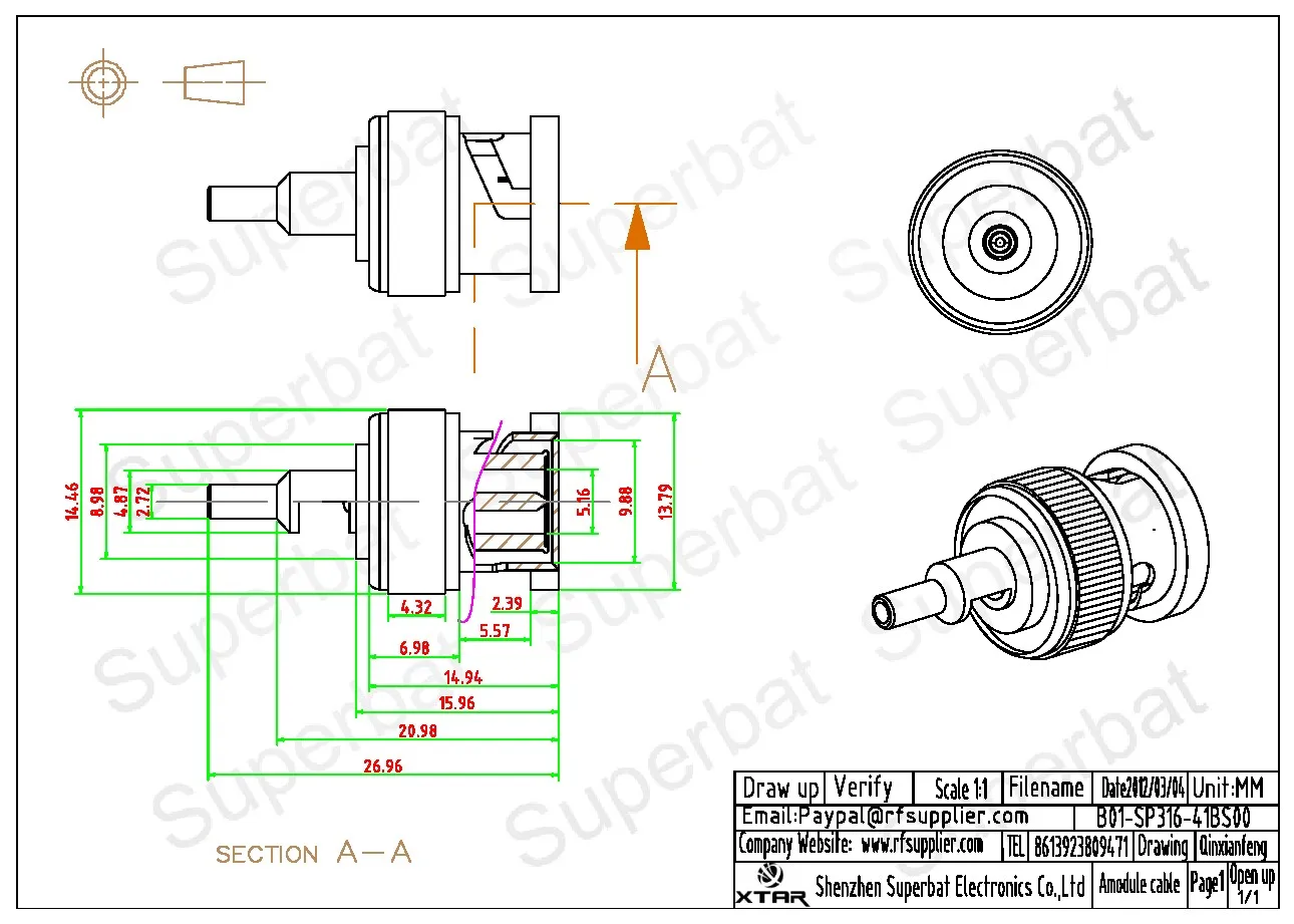Superbat BNC Crimp Male Connector Telecommunications Network Tool for RG174 RG316 LMR100 Cables 1.13mm 1.37mm