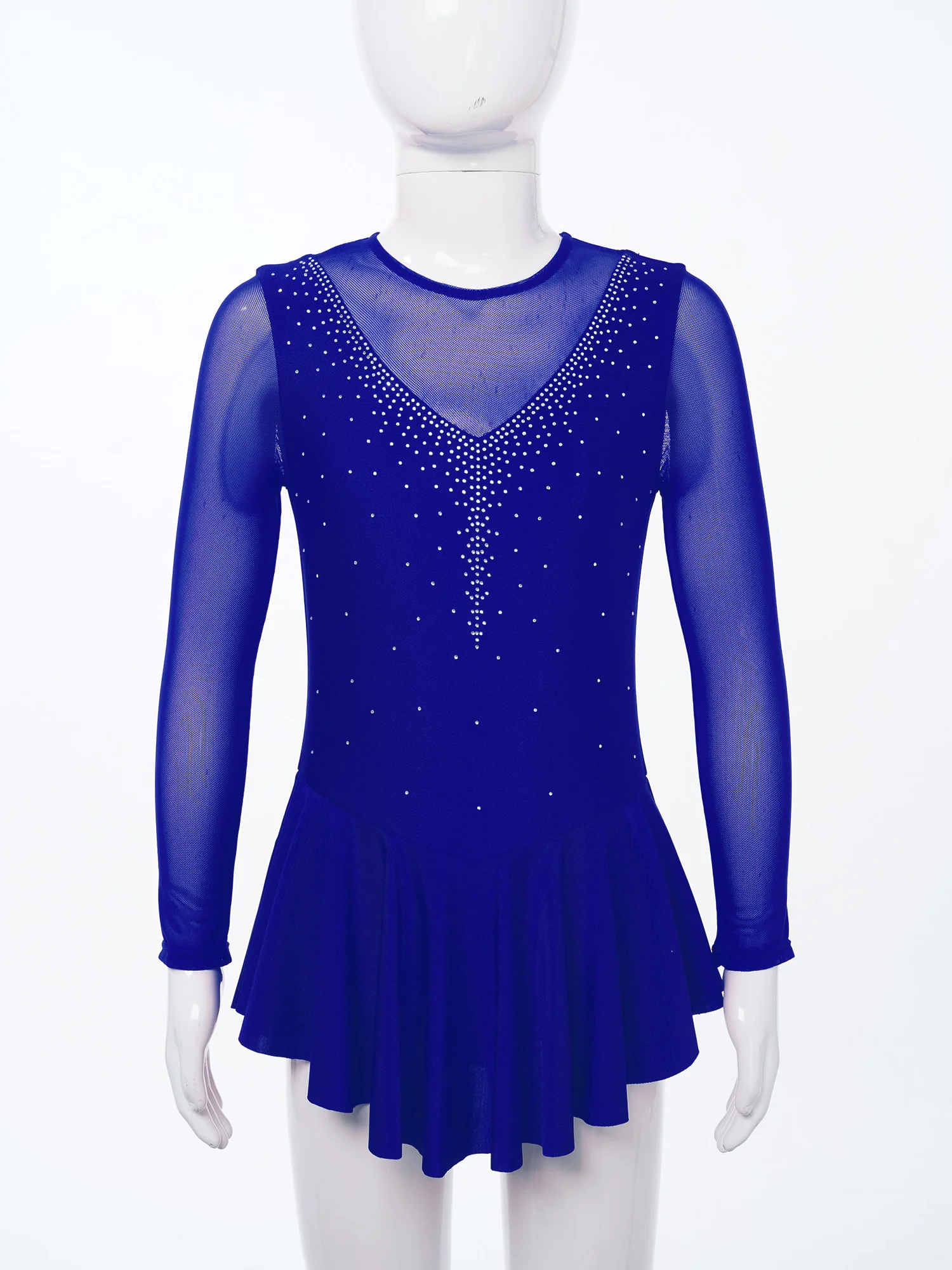 Girls Dance Costumes Rhinestone Figure Skating See-through Ballet Leotards Mesh Patchwork Hollow Out Performance
