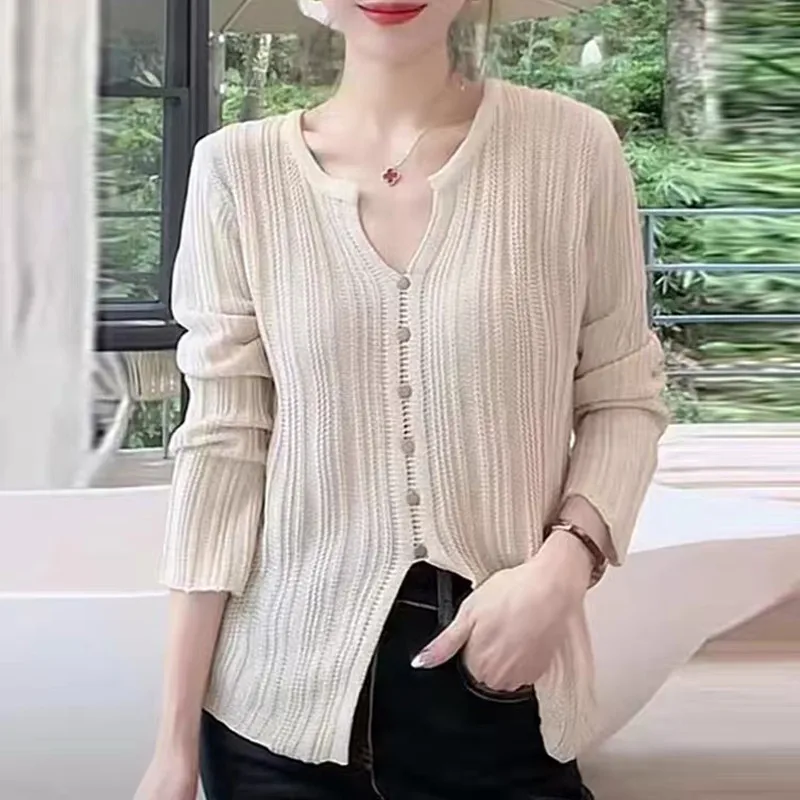 

Korean Fashion V-neck Knitted Tops Women Sweater Autumn 2024 New Split Button Pullover Long Sleeve Slim Fit Solid Clothes 29198