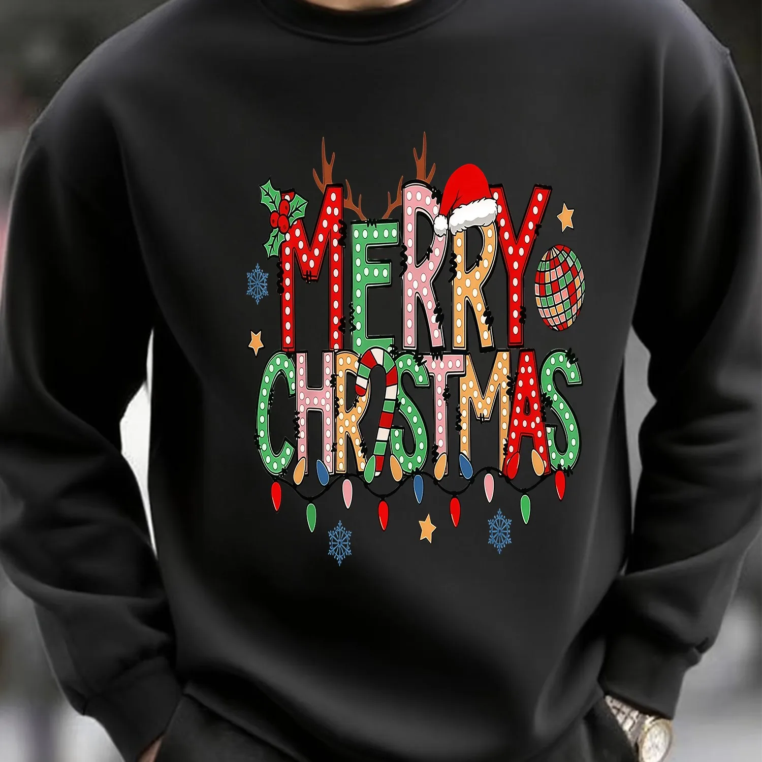 Men's Black Slim Fit Graphic Crew Neck Fleece - Sleek Everyday Wear