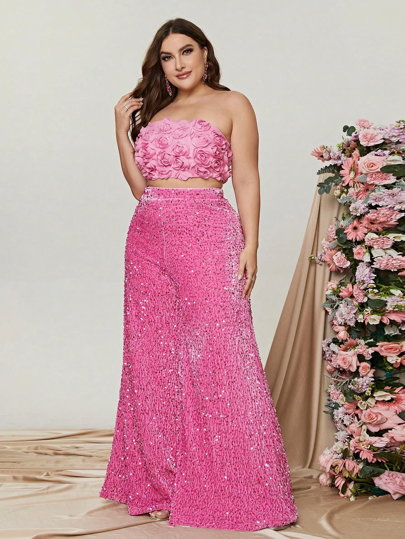 Plus Size Tube Top 3D Flower and Sequin Suit image