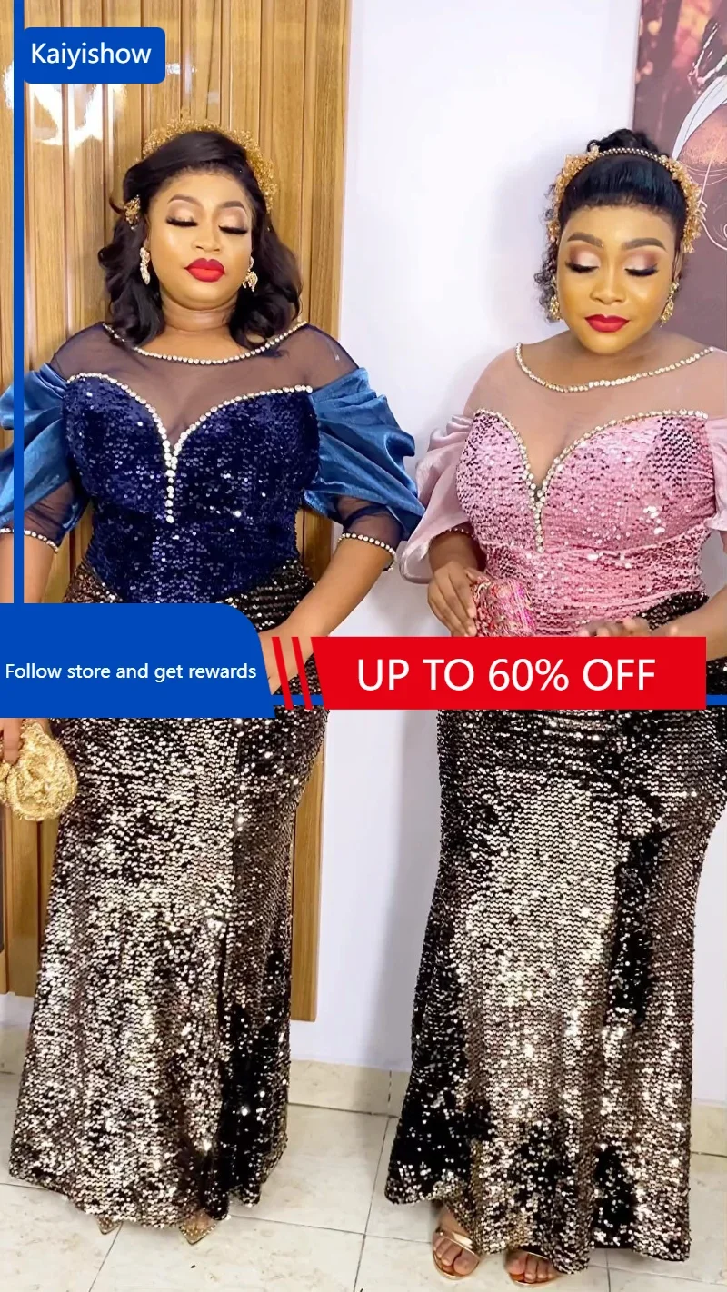 

African Wedding Party Dresses Summer Elegant African Women Short Sleeve O-neck Sequined Long Dress Maxi Dress African Dresses
