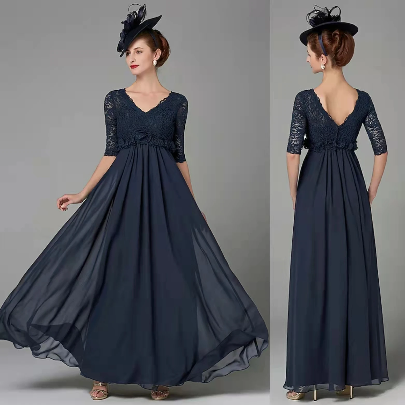 

Vintage Long Navy Blue Chiffon Mother of the Bride Dress A-Line V-Neck Floor Length Lace Half Sleeve With Bow