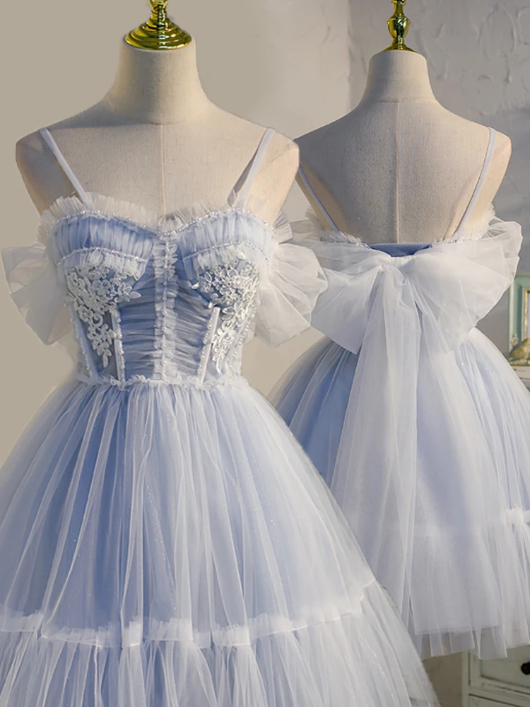 

18130#Fantastic Sky Blue Lace Tulle Short Evening Party Dress Spaghetti Strap Ruffled Sleeveless Mini Prom Gown Polly Dresses