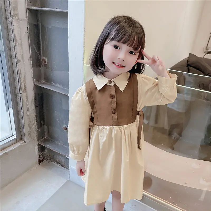 

New Small and Medium Girls Dress Spring and Autumn Baby Girl Bow Stitching DressWS