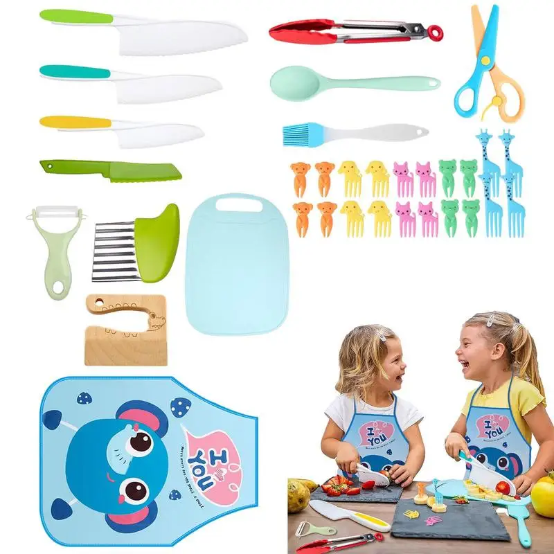 

Wooden Kids Kitchen Knives Kid Friendly Knives Kit Knive Kids Knive Set With Apron Cutting Board Fruit Vegetable Cutters