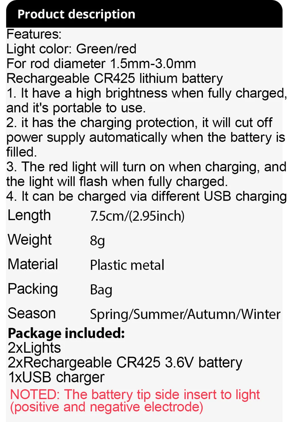 Description Picture 2 of itemFishing Light Stick Rod Bell LED CR425 3.6V Lithium Battery USB Charge Luminous Tackle Night Bright Lamp Tools Fish Bite Alarm