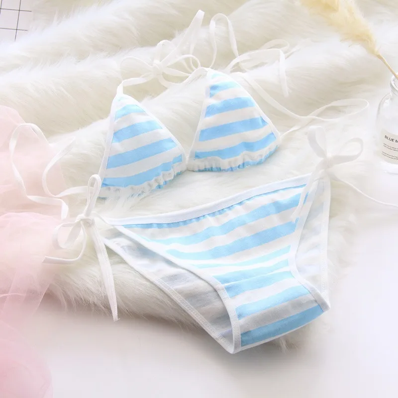 Ensemble rayé bleu et blanc à bretelles à lacets, ensemble deux pièces intérieur gras bleu et blanc, ensemble de Lingerie pour femmes, ensemble de soutien-gorge Sexy