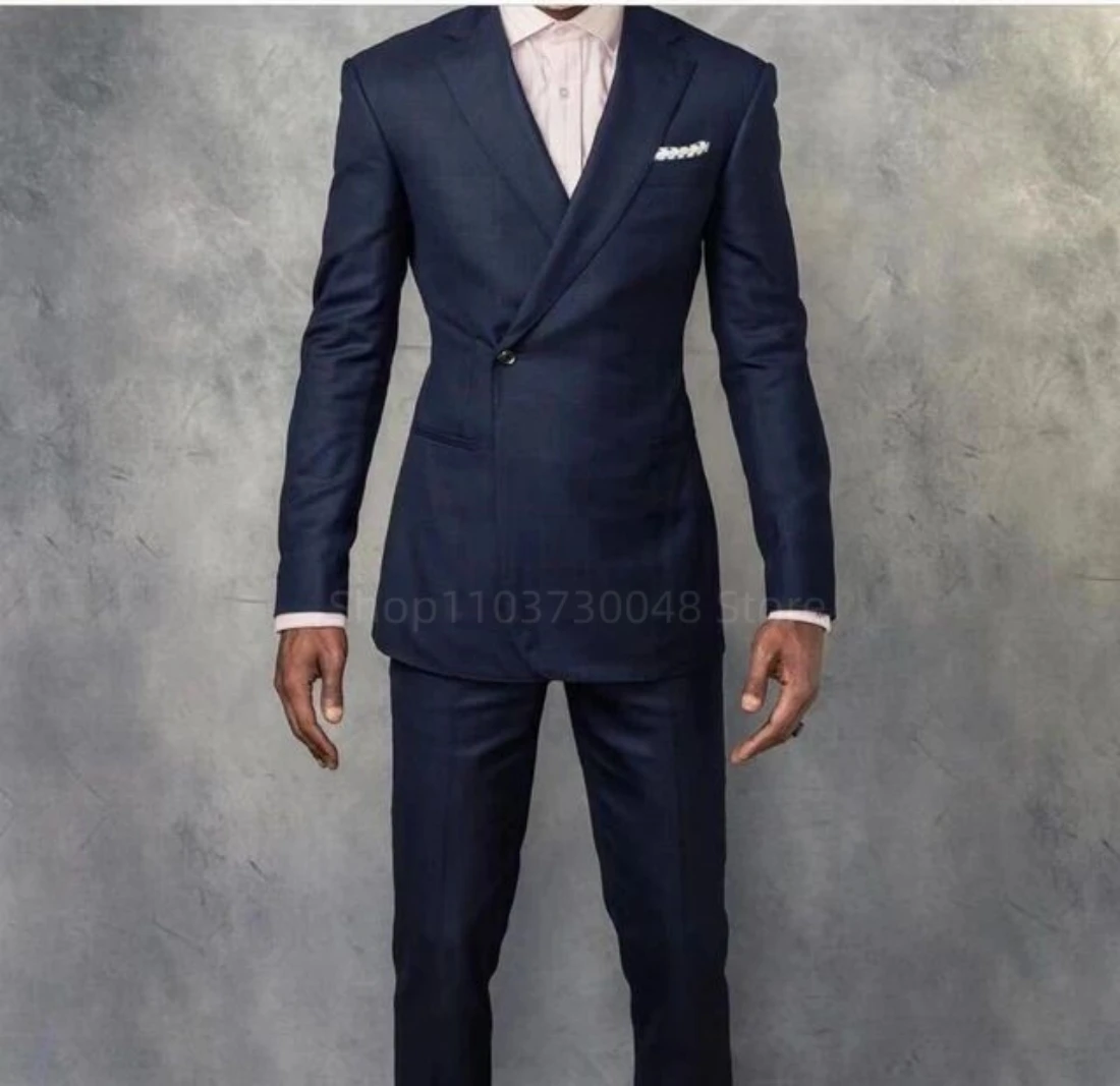 Elegant Slim Fit Navy 2 Piece Wedding Men's Tuxedo Double Breasted Notch Lapel Blazer with Pants Formal Business Groom Clothing