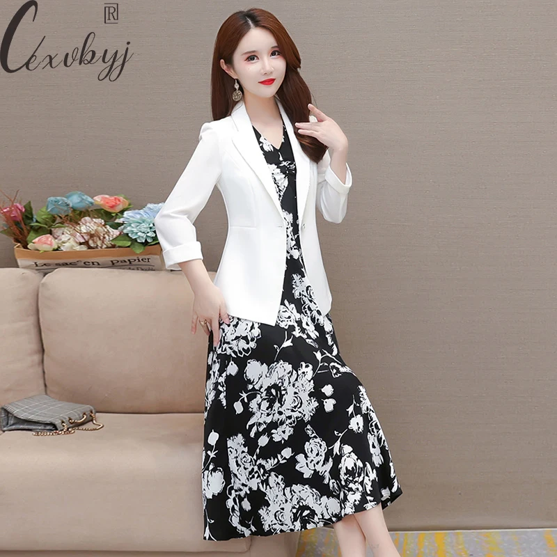 Women Chifon Suit Coat+Sleeveless Floral A-Line Dress Two Peice Sets Ladies Office Work Elegant Outfits Plus Size Vintage Suits chifon