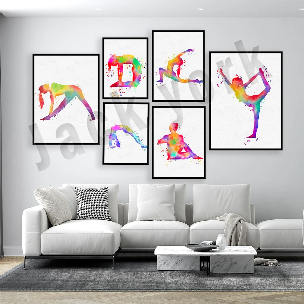 

Dance king yoga print, women dance, pilates poster, yoga asana dance pose, zen pilates color illustration art deco gift