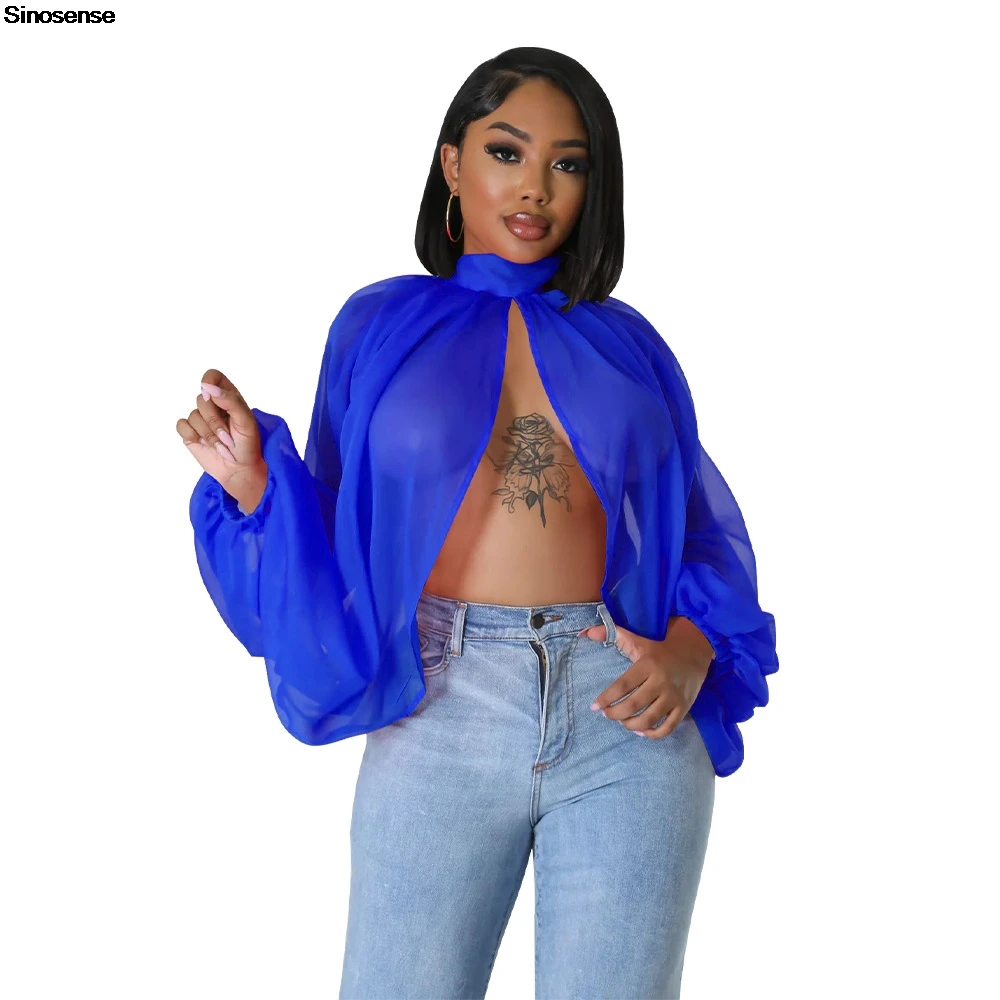 Womens Chiffon Blouse Sexy See Through Lantern Sleeve Front Back