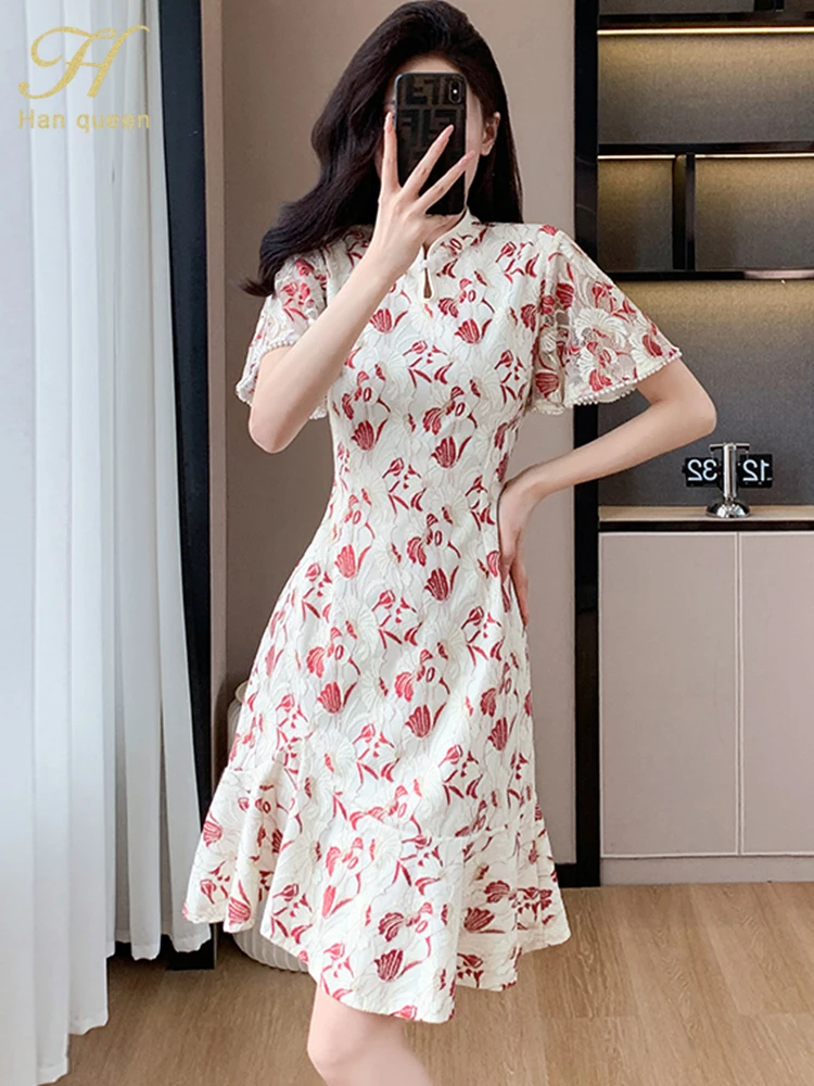 

H Han Queen 2024 Summer New Dresses Elegant And Pretty Vintage Prints Short Dress Women Simple Flare Sleeve Casual Party Vestido