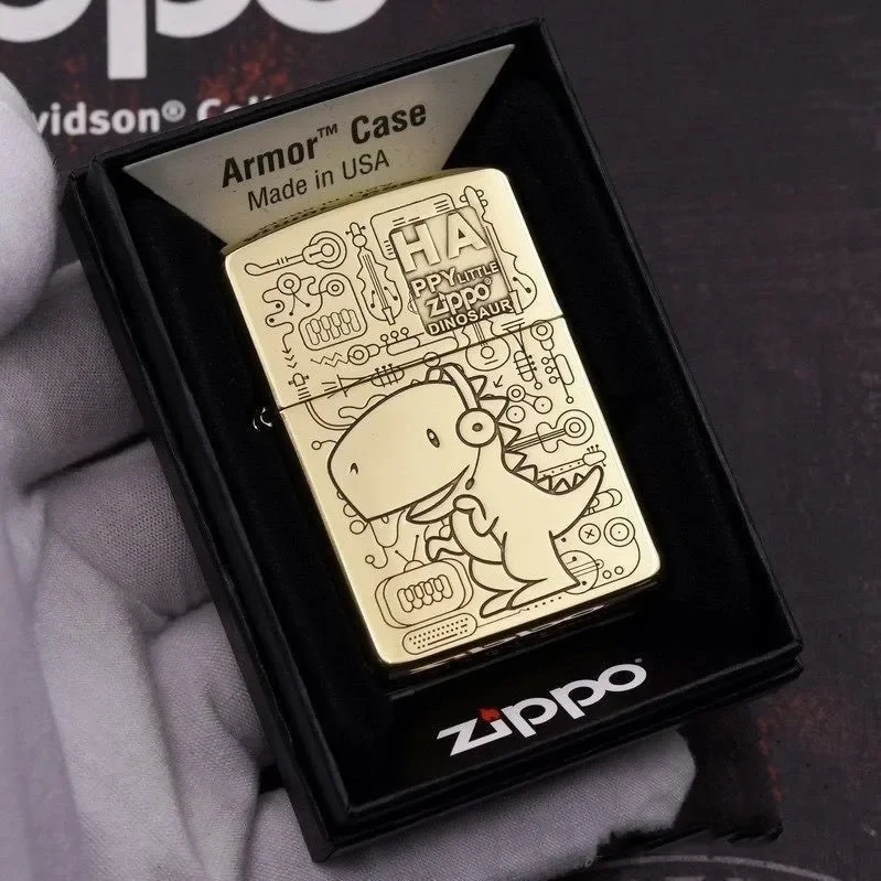 Zippo Accendino Dinosauro Cartone Animato Ottone Dorato Collezione Antivento In Scatola