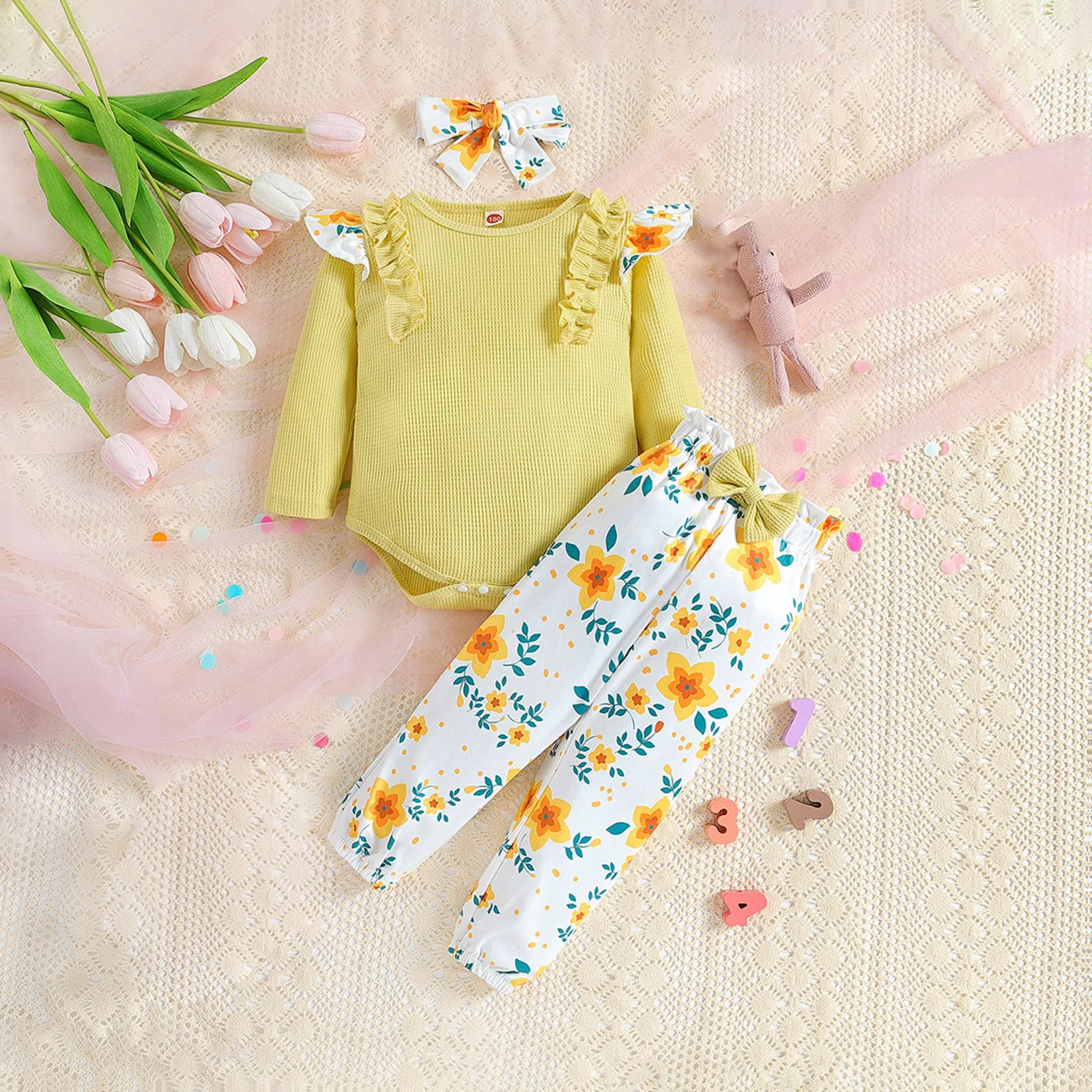 

0-24M Baby Girls Clothes Sets Newborn Infant Ruffled Floral Bodysuit Pants Headband Casual 3Pcs Outfits Infant Baby Clothing