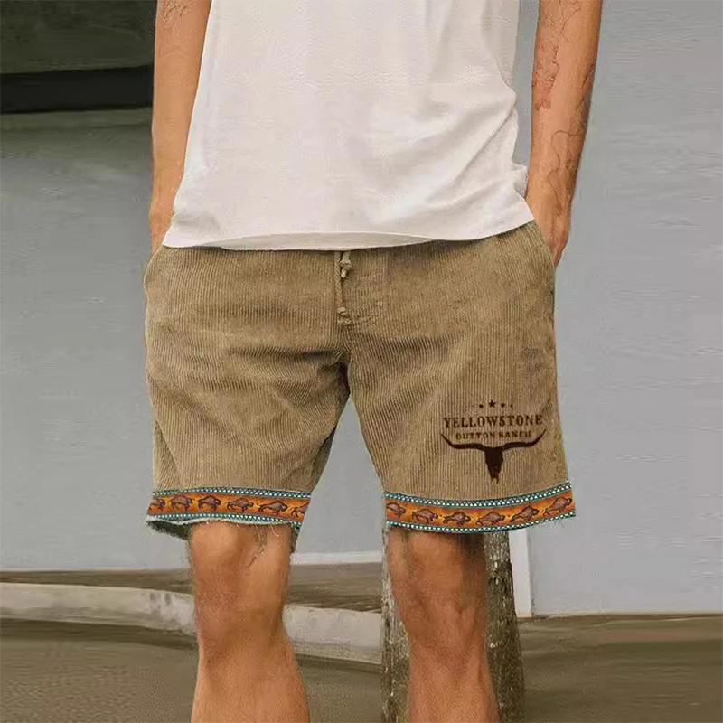 

Шорты мужские в рубчик, пляжные повседневные свободные прямые штаны с винтажным графическим принтом, модные короткие брюки с кулиской, весна-лето