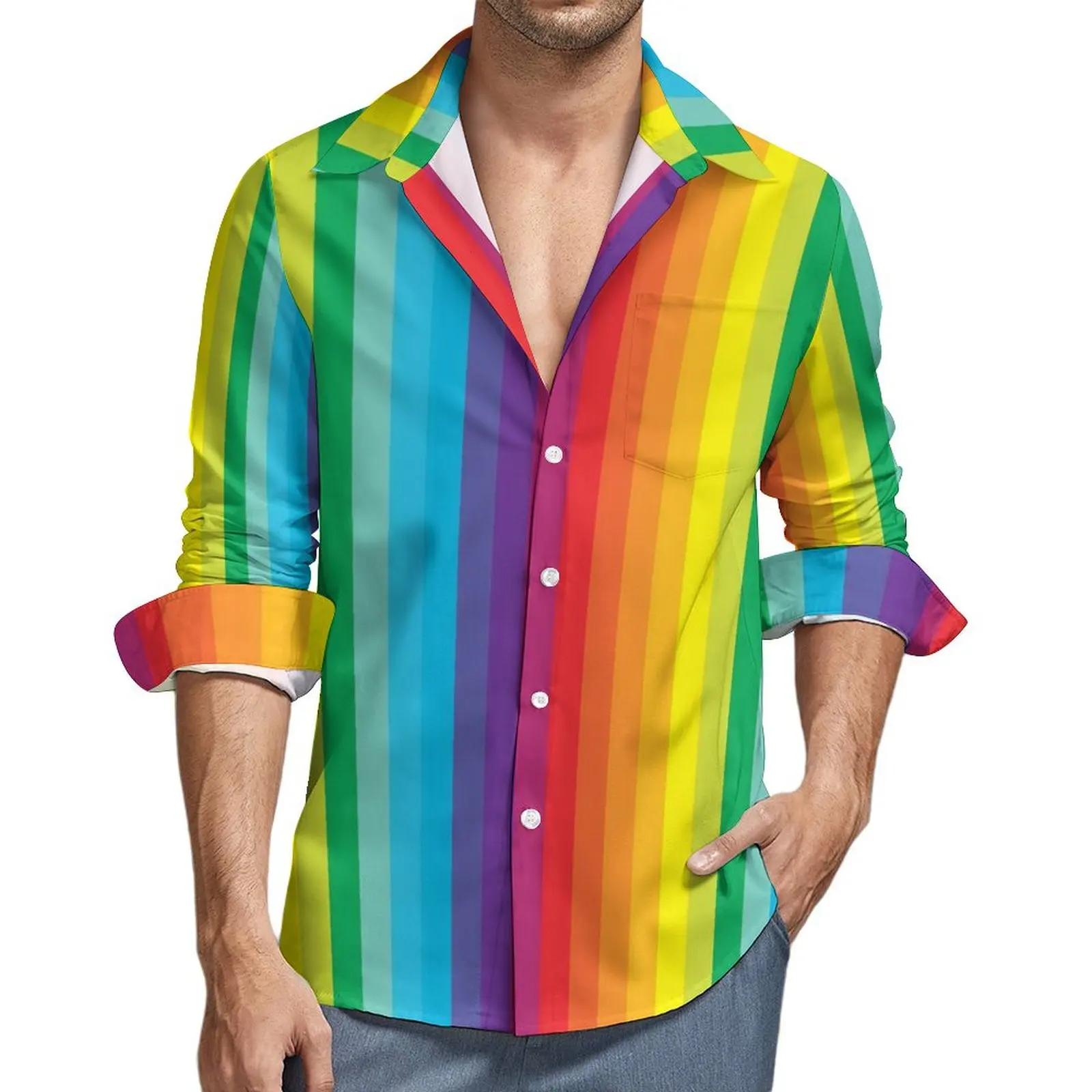 

Rainbow Striped Casual Shirt Men Colorful Print Y2K Funny Shirt Autumn Vintage Blouse Long Sleeve Graphic Oversized Clothing