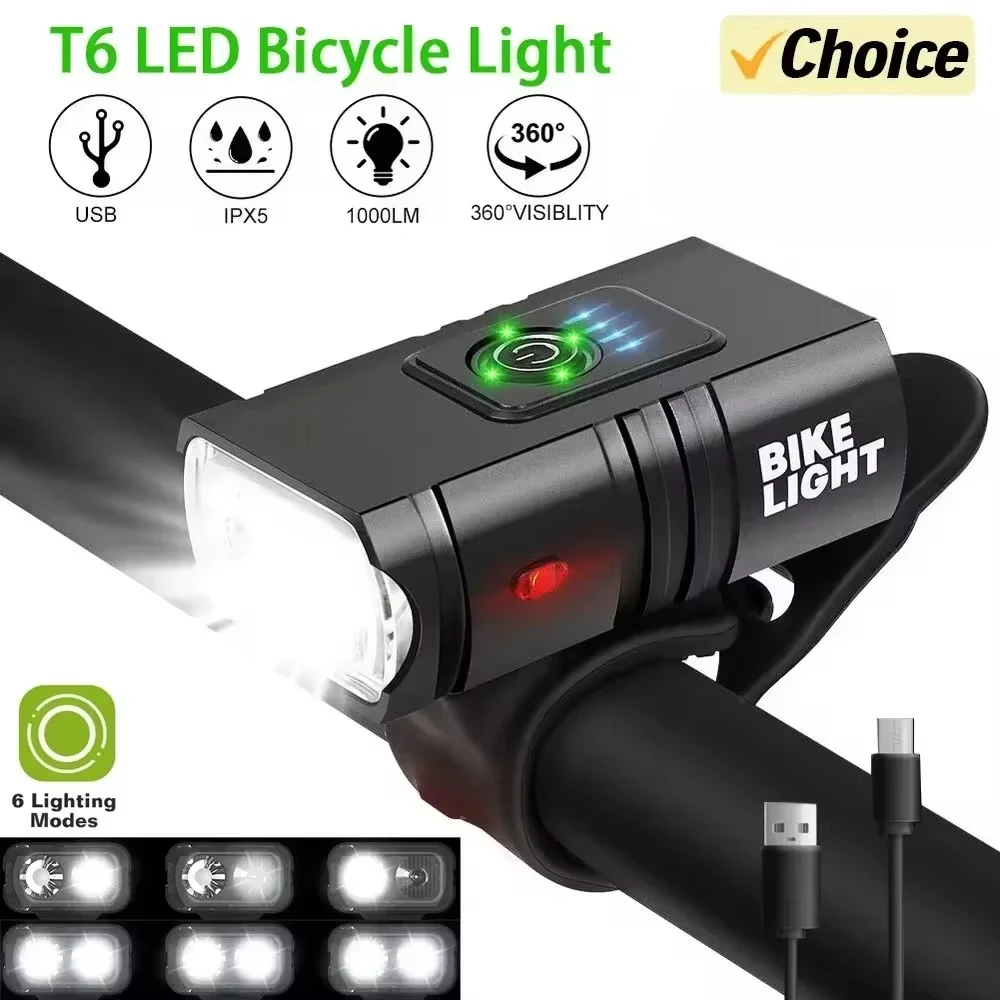 밝은 자전거 라이트 T6 LED 전면 USB 충전식 MTB 산악 자전거 램프 1000LM 자전거 헤드 라이트 손전등 사이클링 스쿠터