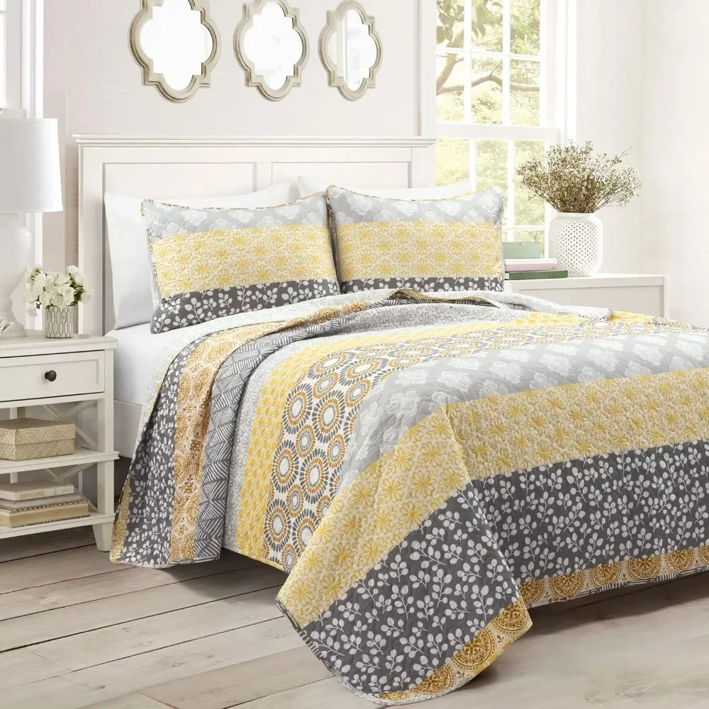 

Bohemian striped quilt reversible 3-piece set, upholstery cotton, machine washable, colorful bohemian design bedding set