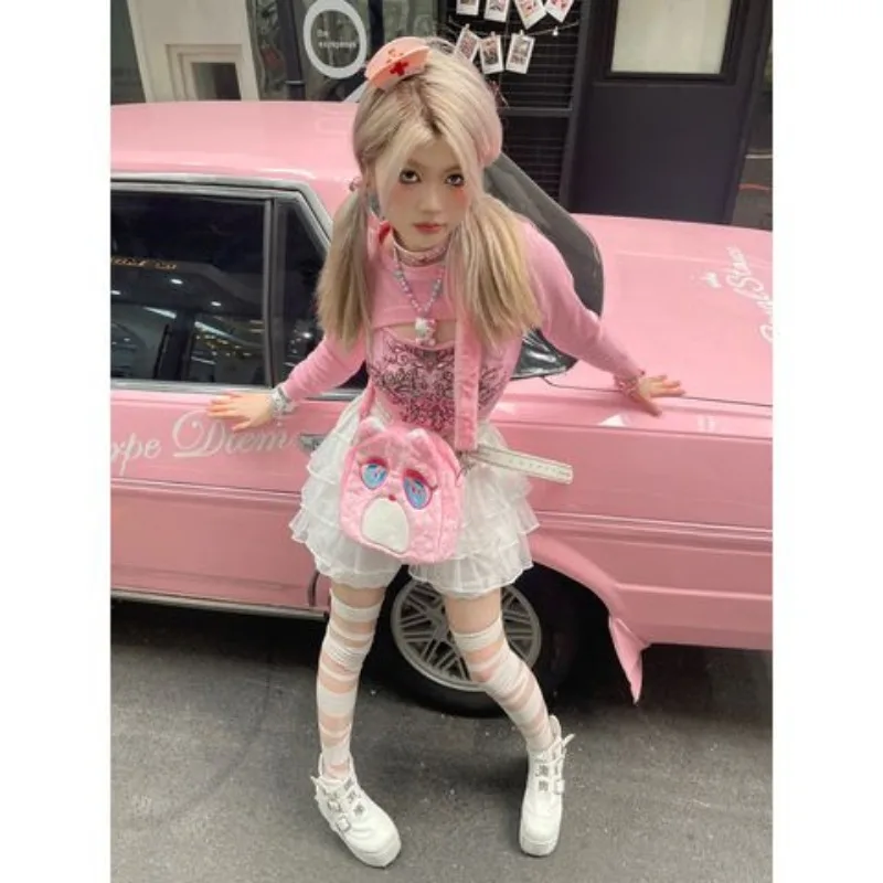 Xiuya Pink Womens Shoulder Bag Cartoon Embroidery Harajuku Fashion Y2k Crossbody Bag Cute Bear Casual Plush Soft Female Handbag