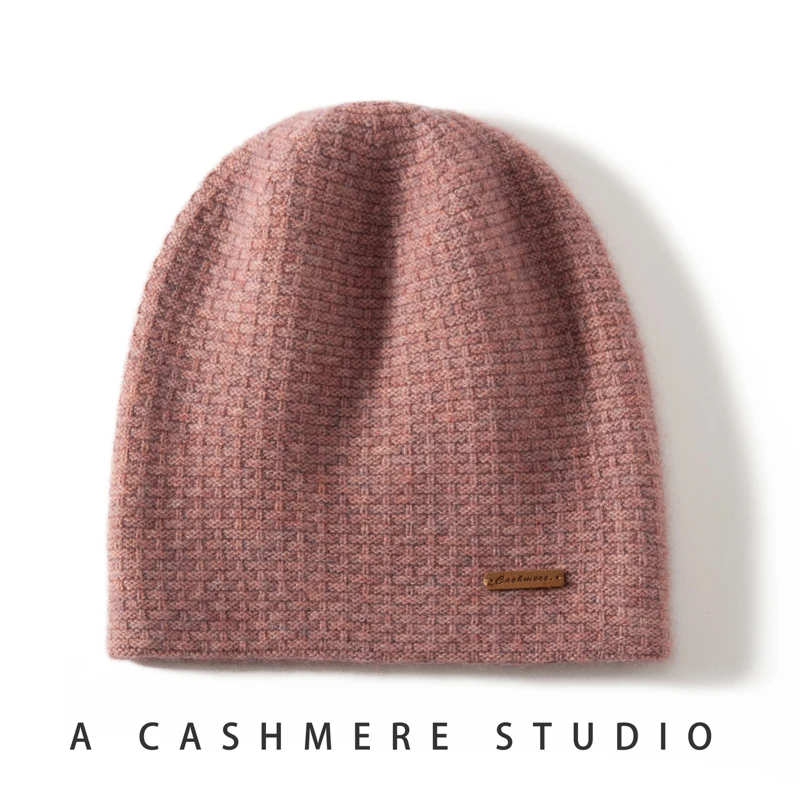 High Quality 100% Cashmere Knitted Hat for Women Casual Beanie Hats Lady Thick Cashmere Cap Winter Soft Warm Outdoor Solid Cap 6
