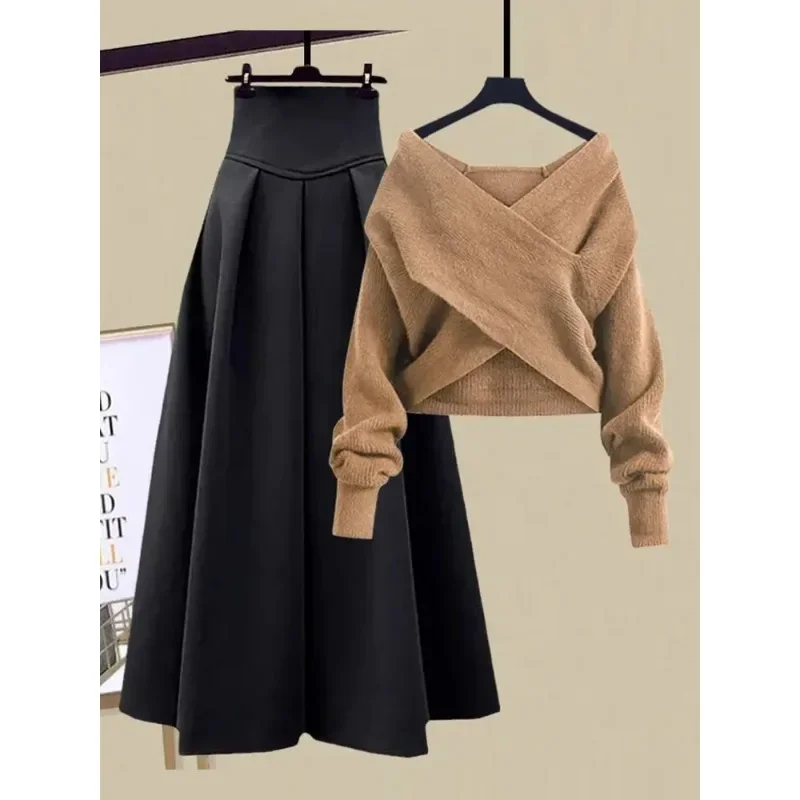 

Autumn Winter Skirt Sets For Women Outfits Korean Casual Knitwears Pullover Sweater And High Waist Skirts Two Piece Sets N432