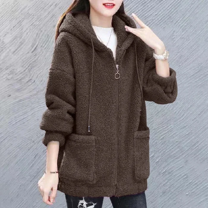 Cabolsa de lã de Cordeiro com Capuz para Mulheres Cabolsa de lã de Cordeiro Nova Primavera Outono Solto Coreano Zíper Cardigan Engrossado Mulher 2022 3 das mulheres 2022 nova primavera outono solto