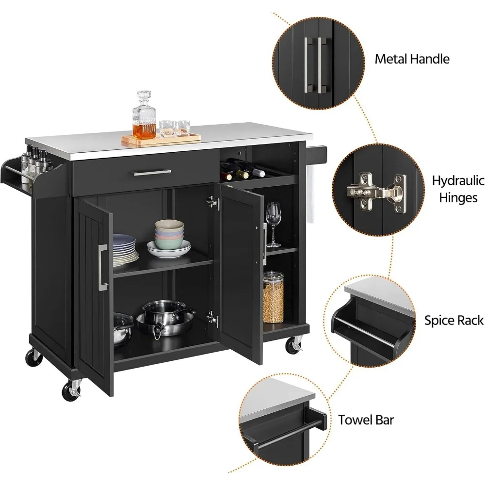Kitchen Cart with Stainless Steel Top and Storage Cabinet, Kitchen Island on Wheels with Drawer & Open Shelves & Wine Rack & Sp