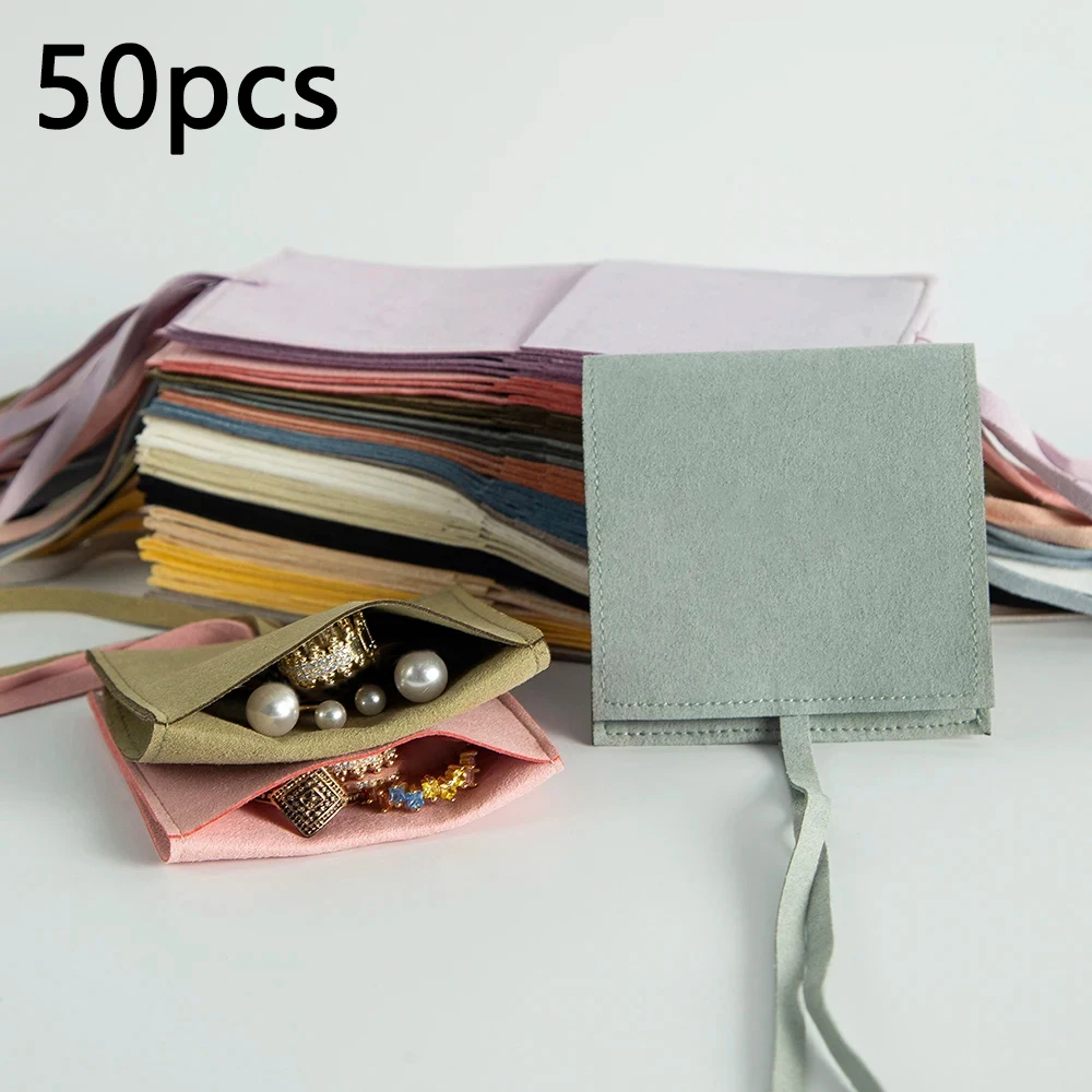 10/50pcs Microfiber Jewelry Pouch Suede Jewelry Small Envelope Bag with Rope Jewelry Packaging Pouch for Rings Wedding Gift Bags