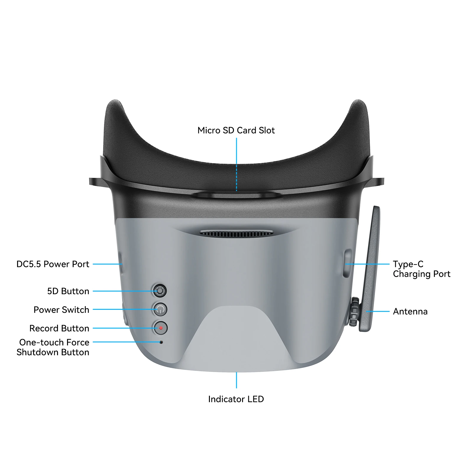 Vue rapprochée des lunettes FPV VR04 HD Analog Version avec batterie intégrée, immersion totale et confort optimal.