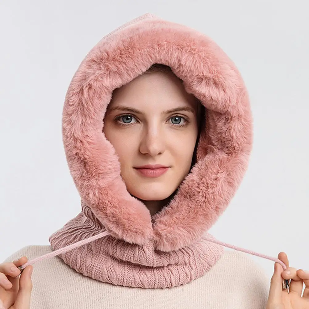 Winter Fur Cap Mask Set Hooded for Women Knitted Cashmere Neck Warm Balaclava Ski Windproof Hat Thick Plush Fluffy_voghion.com