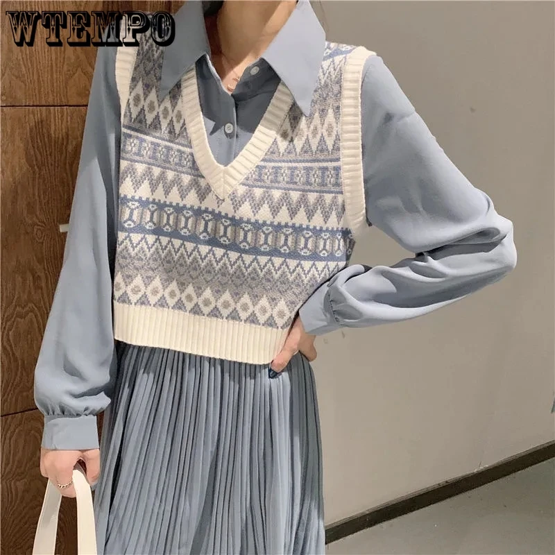 

WTEMPO Autumn Basics Women V-Neck Sleeveless Cropped Sweater Vest New Loose Knitted Pullover Ins Vintage Preppy Style Knitwear