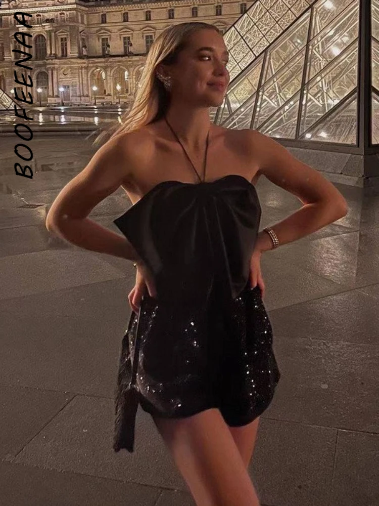 Boofeenaa Bowknot Glitter Black Romper 