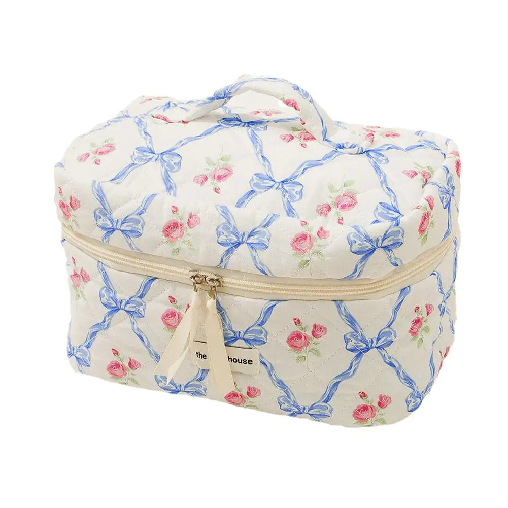 Women Cute Bow Flower Zipper Quilting Cotton Makeup Bag