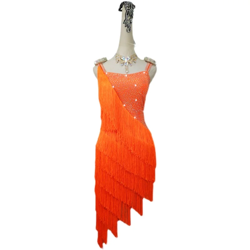 

New Summer Women Latin Dance Skirt Competition Dress Stage Performance Skirt Adult Custom Orange Tassel Sexy Dance Clothing
