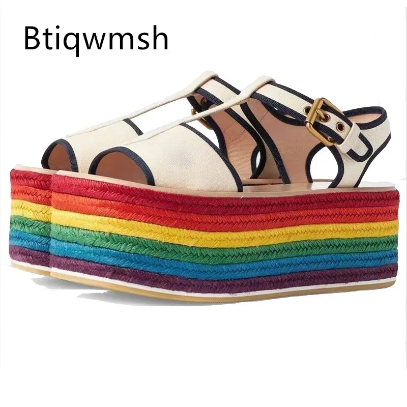 

Rainbow Platform Wedges Sandals Woman Open Toe T-Strap High Heels Lady Sexy Party Shoes
