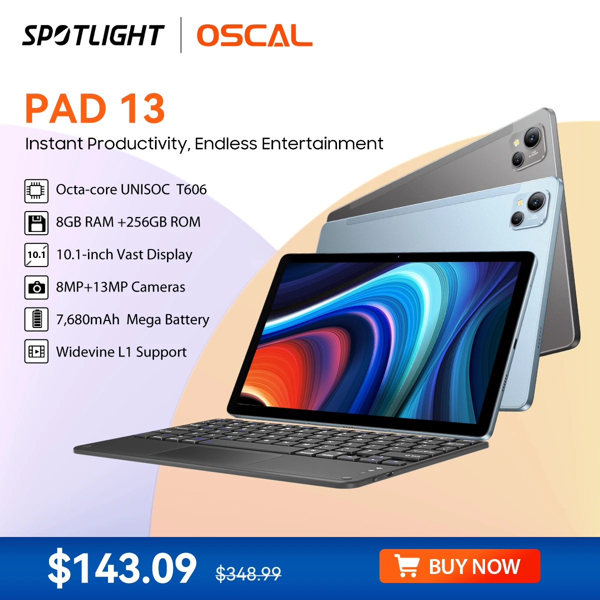 OSCAL Pad 13 Tablet ,10.1 inch FHD Display, 7680mAh Battery ,8GB RAM+256GB ROM, Octa-Core T606 Pad, Dual 4G,Android 12