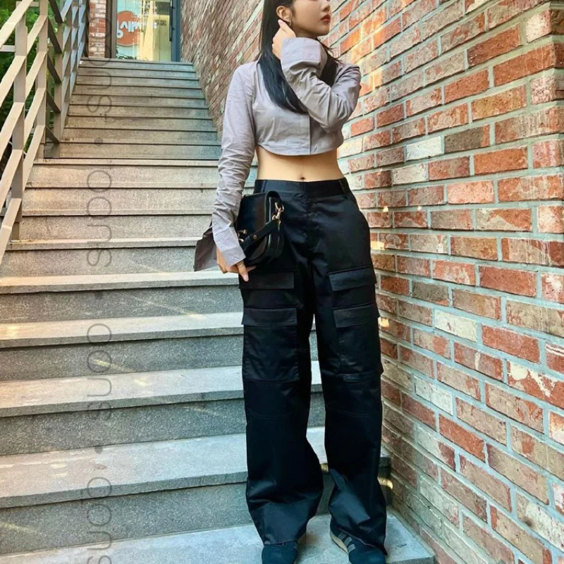 YOZOU] Luxury Silk Black Cargo Pants Pockets Fluid Trousers