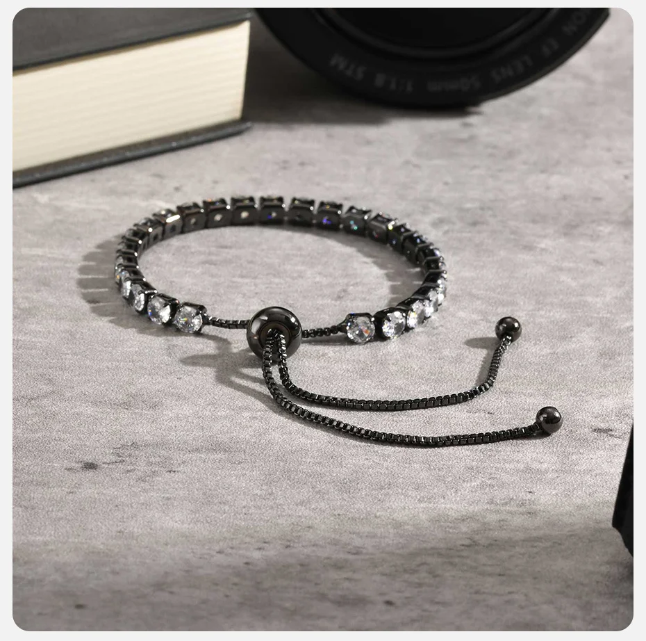 Vnox Verstellbares CZ-Armband, Kupfer-Box-Kette, 4 mm Zirkonia, schwarz, handgefertigter Schmuck für Männer und Frauen, Hip-Hop-Geburtstagsgeschenke, Zubehör – Detail 1