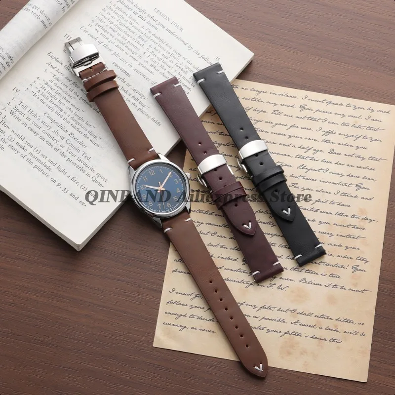 Stainless Steel Butterfly Clasp PU Leather Watchband - Soft Business Bracelet Strap in Black or Brown