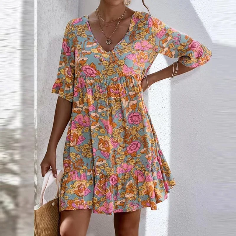 

2023 Summer Fashion New High Waist European and American Crinkled Short Sleeves V-neck Floral Loose Casual Elegant Women's Dress