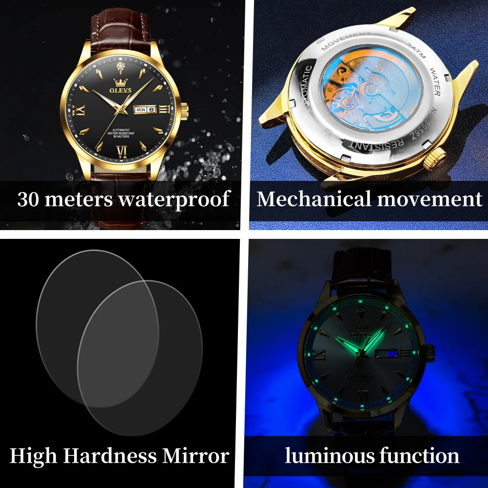OLEVS 9956 Men Automatic Watch Classic Dual Calendar Mechanical Watch For Men Fashion Waterproof Luminous Business Wristwatch