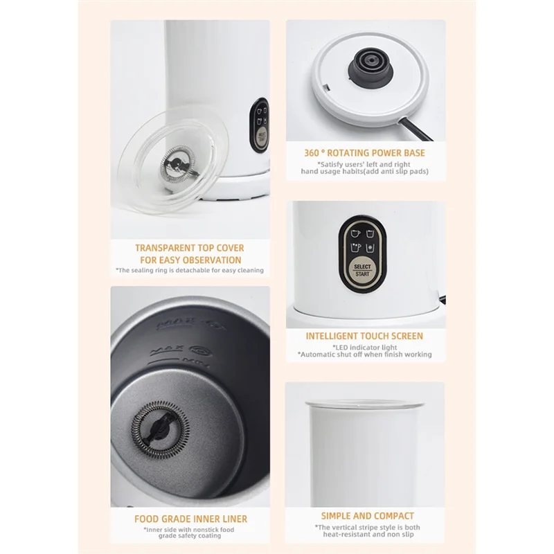 Mousseur à lait électrique doux, mousseur à lait et cuiseur vapeur de 11.8Oz/350Ml, machine à mousse chaude et froide automatique, mousseur à café prise ue