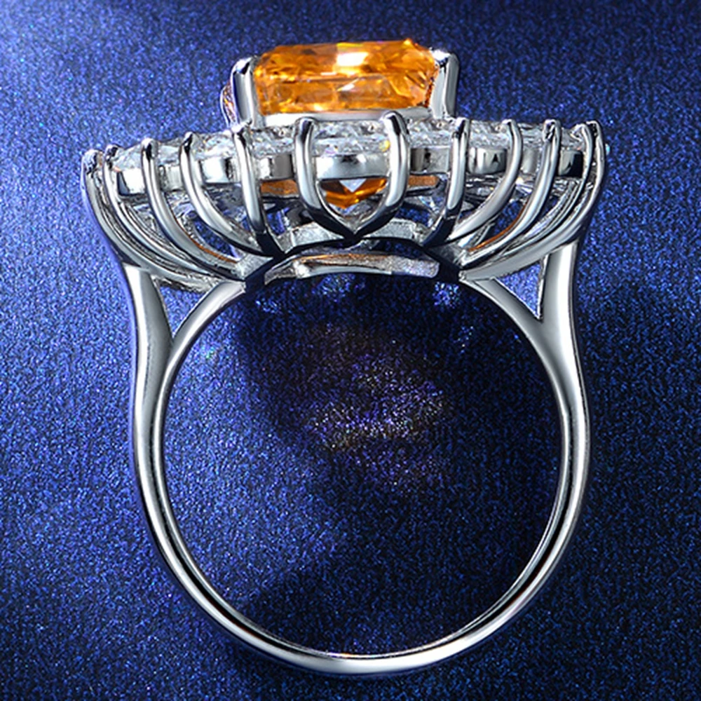 WUIHA 925 Sterling Silver Radiant Cut 10*10MM 8CT VVS Fancy Orange Sapphire Created Moissantie Ring for Women Gift Drop Shipping