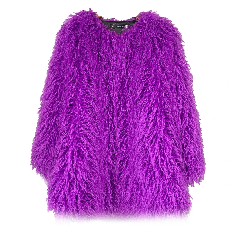 Women's Faux Mongolia Sheep Fur Winter Coat Fashion Loose Mid-Length Long Sleeve Slim Lamb Fur Warm Jacket Pure Color Thick Fur