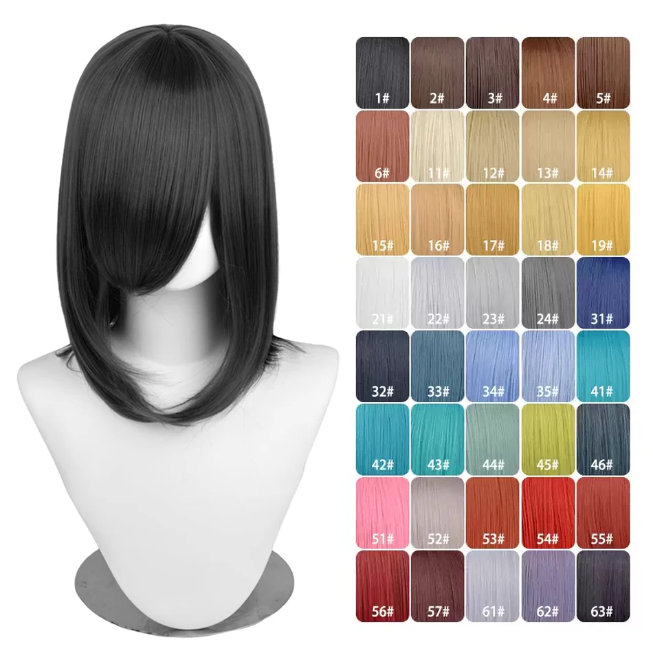 Perruques de Cosplay synthétiques blanches violettes, 40cm, cheveux verts courts, lisses, argentés, postiche rose, perruque courte avec frange