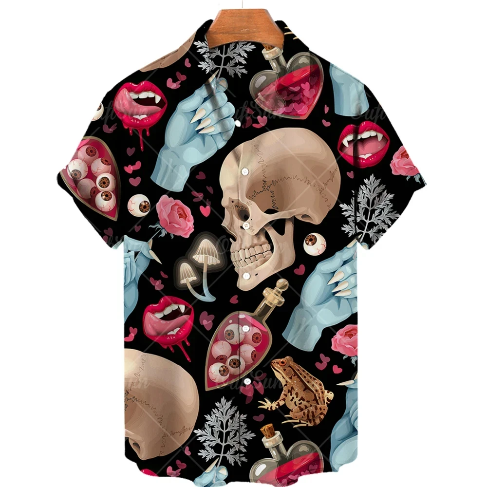 Camisa de manga corta para hombre, cómoda y transpirable, informal, con estampado 3D de calavera divertida, nueva de verano de 2024, con solapa y botones, talla grande