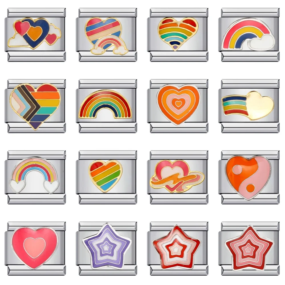 URING Mode Nette Y2k Stern Regenbogen Bunte Herz Charms Italienische Links 9mm Armbänder Armreif Edelstahl DIY Herstellung Von Schmuck