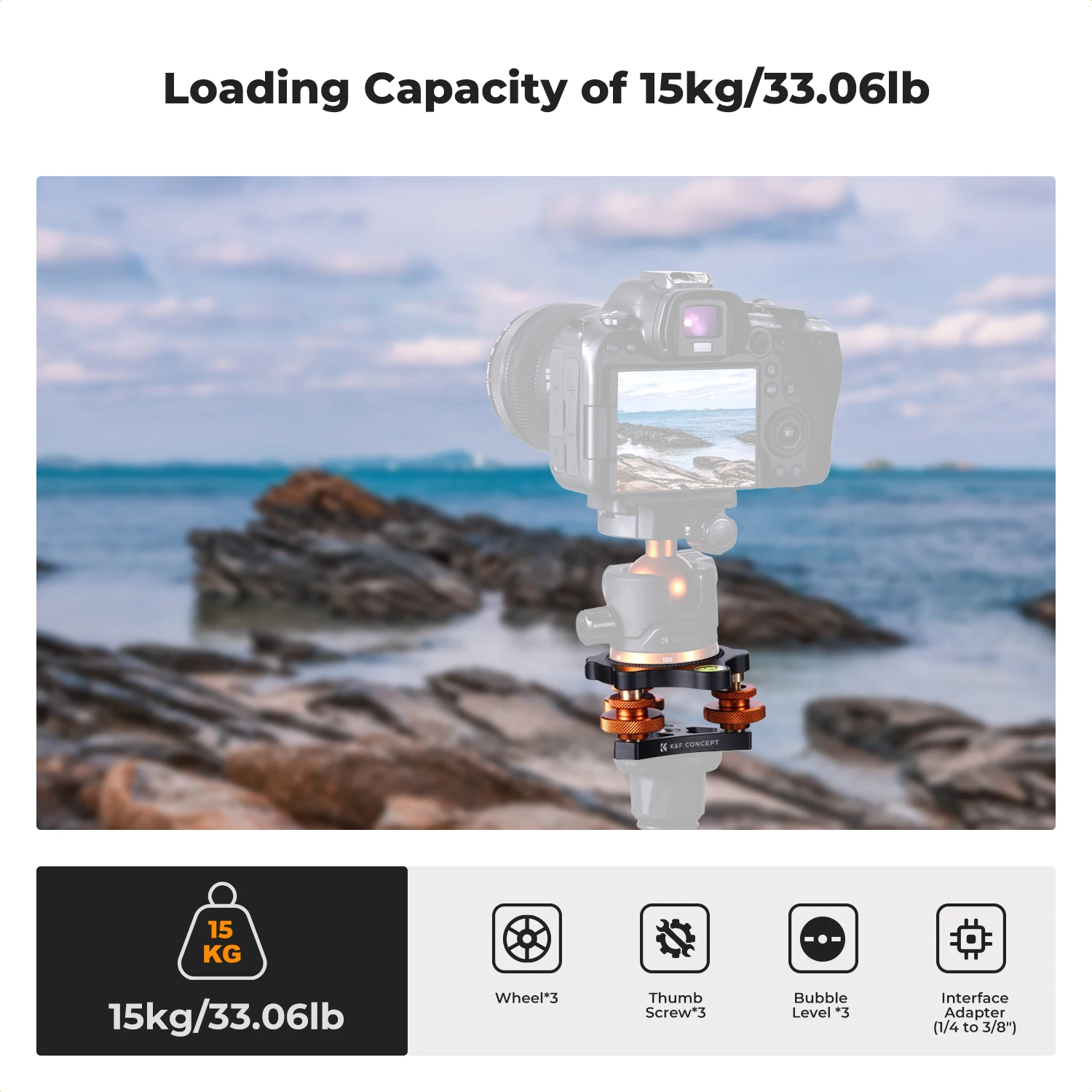 K&F Concept Camera Tri-Wheel Heads Macro Photography Aluminum Bubble Leveler Tripod Ball Head 3 Axis Level Adjustable